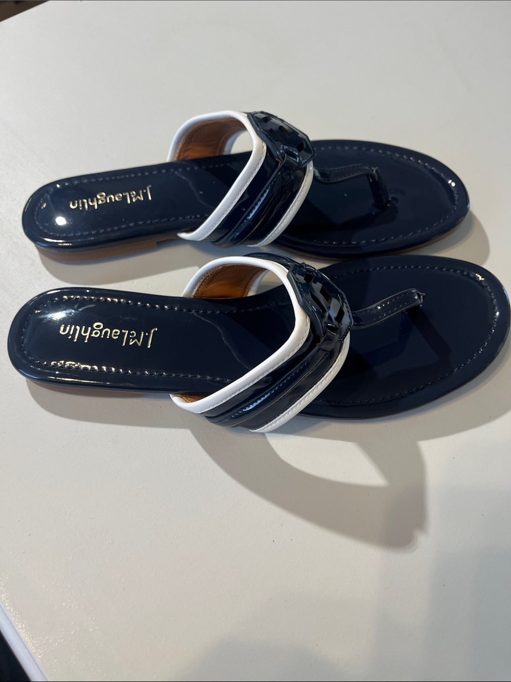 J. McLaughlin Navy Patent Leather Thong Sandals with White Trim - Picture 7 of 13